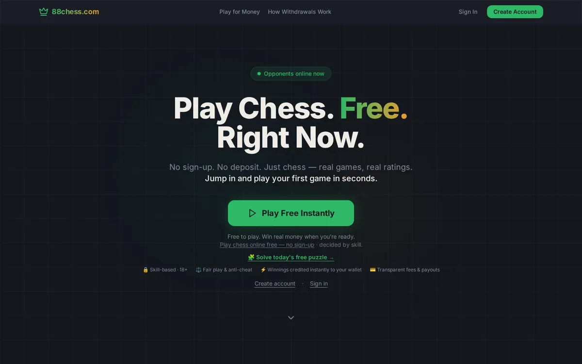 88chess homepage offering free chess and real-money matches at 0.50 euros
