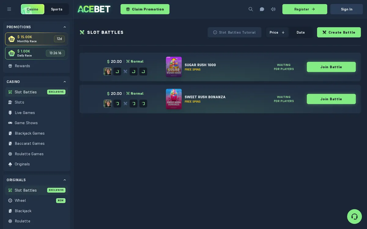 Acebet Slot Battles lobby with two $20 Normal battles on Sugar Rush 1000 and Sweet Rush Bonanza waiting for players