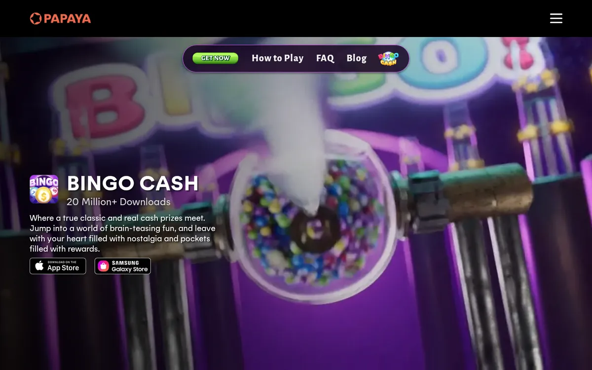Papaya Gaming Bingo Cash page with app store download buttons