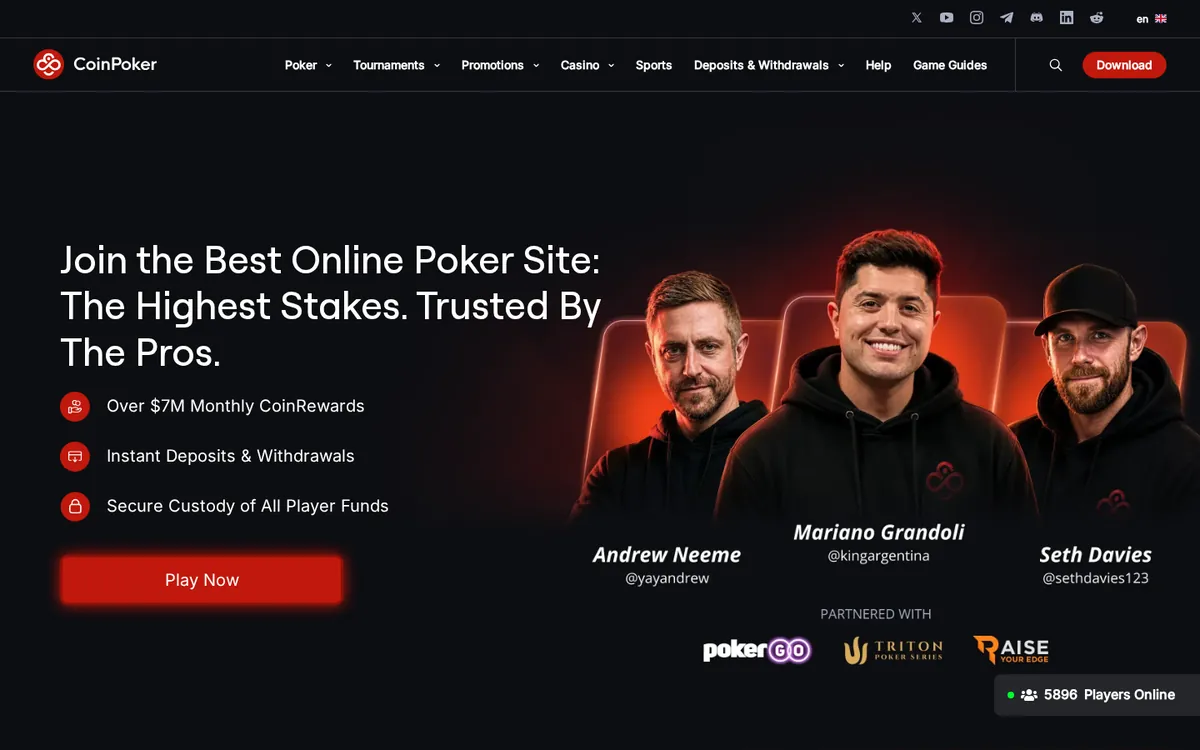 CoinPoker homepage with its player count and crypto poker promotions