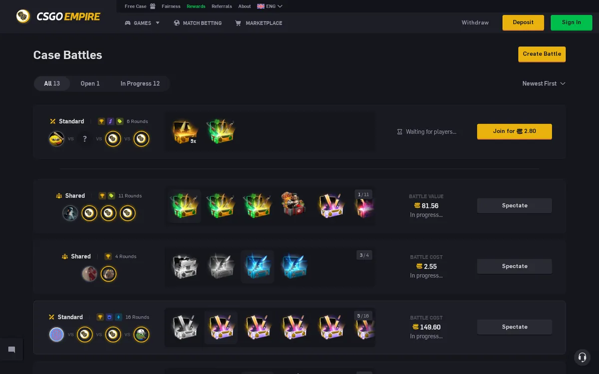 CSGOEmpire Case Battles lobby showing Standard and Shared battles with the cases in each round and the battle value