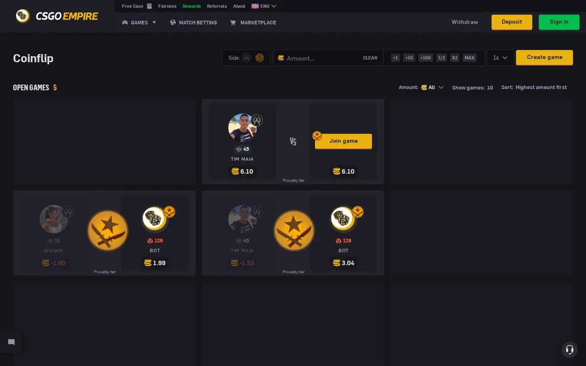 CSGOEmpire Coinflip open games, several of them joined by an opponent labelled BOT