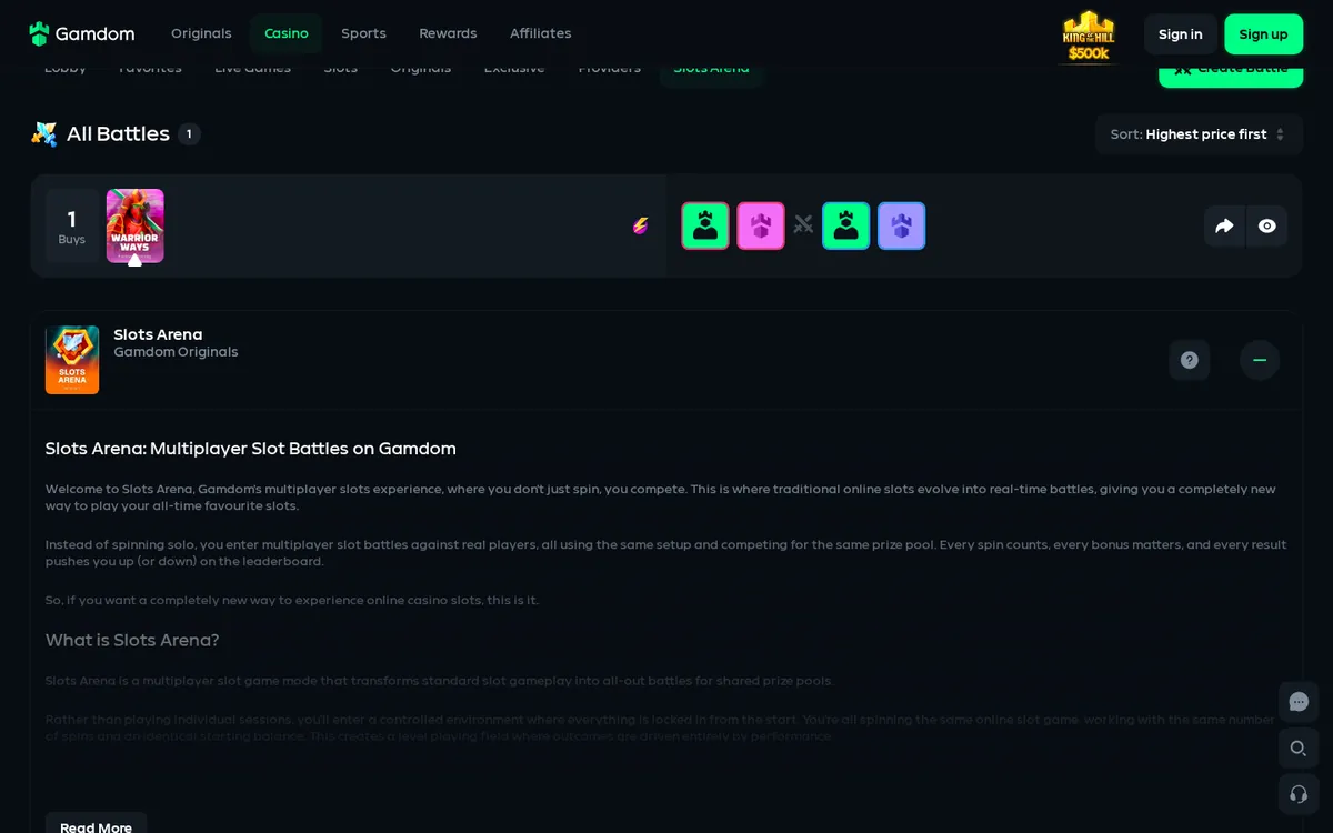 Gamdom Slots Arena page listing an open slot battle on Warrior Ways with four seats
