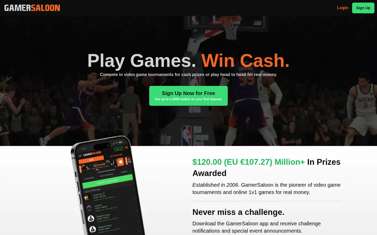 GamerSaloon homepage advertising video game tournaments and head-to-head matches for real money