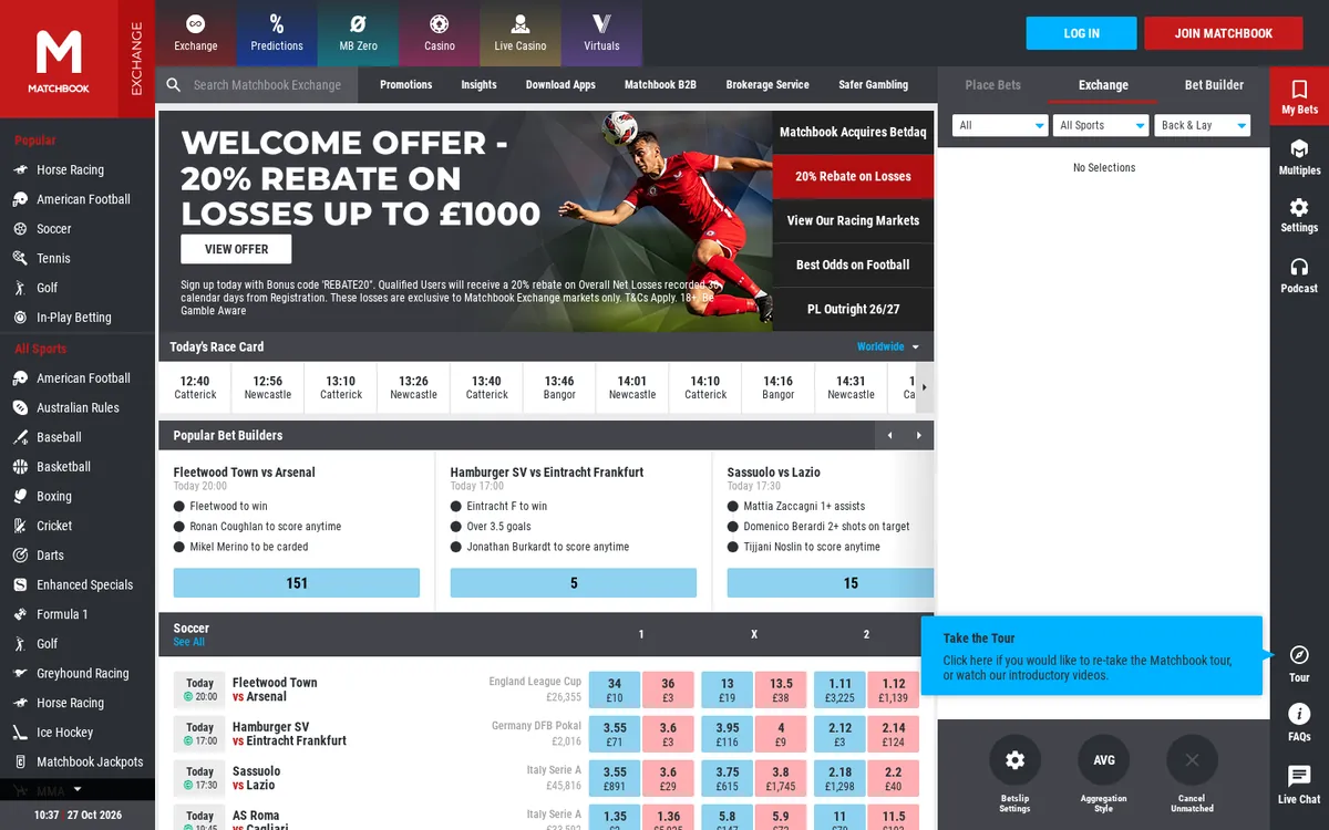Matchbook exchange homepage with football markets showing back and lay odds