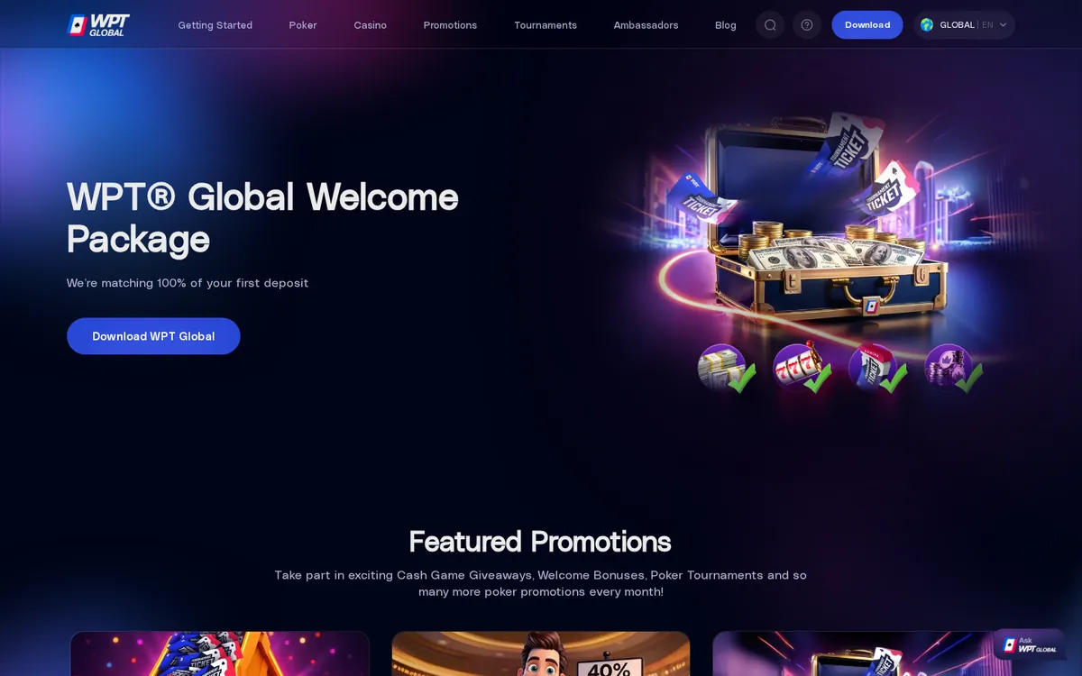 WPT Global homepage with its welcome package and poker promotions